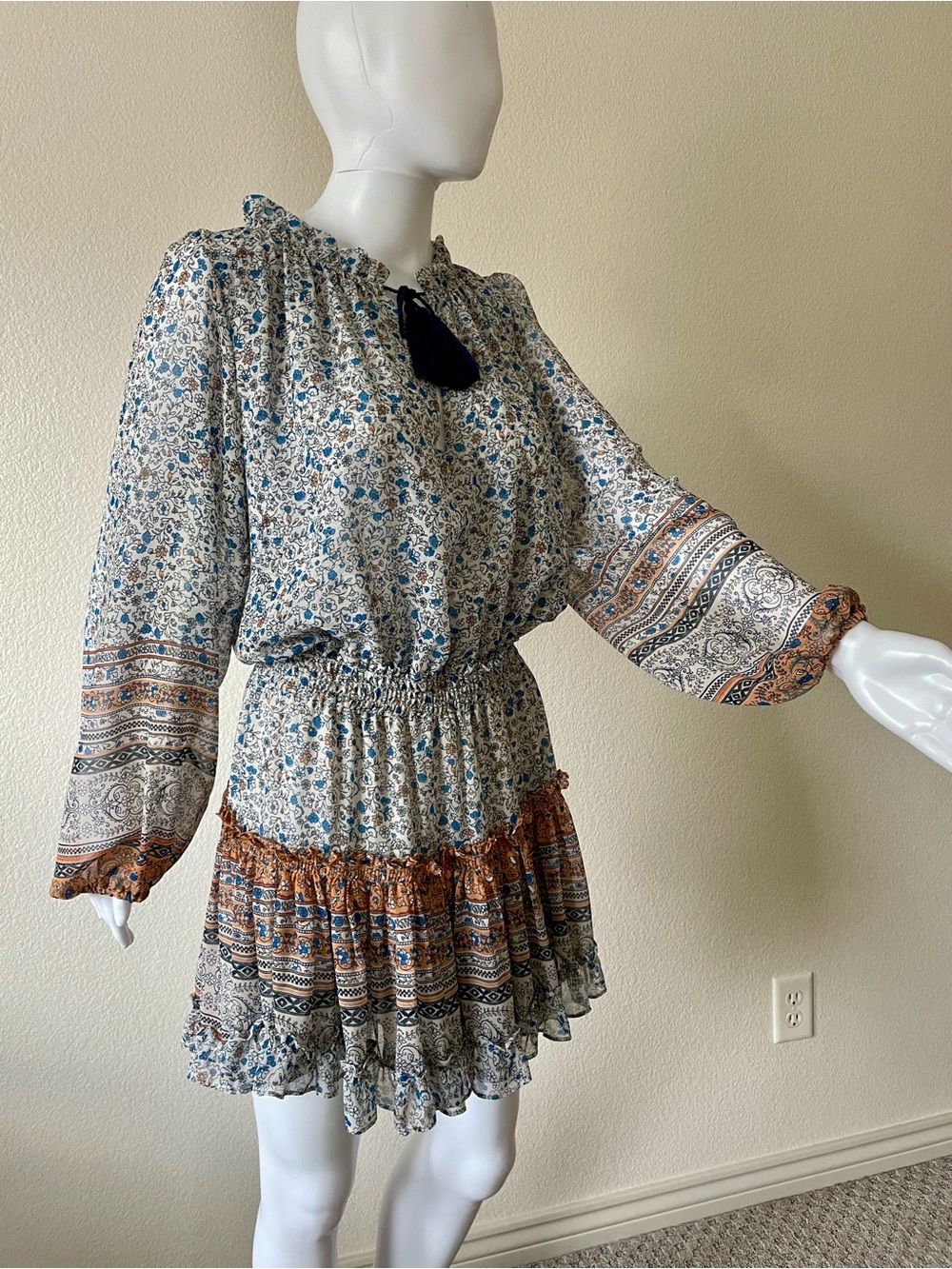 MISA  LA  mini dress size small bohemian floral tassel long sleeve dress. SZ-S